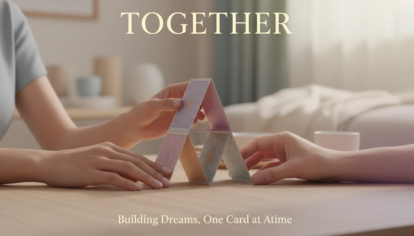 A close-up of two pairs of hands using relationship check in questions for couples to carefully build a stronger connection, symbolized by a delicate house of cards. Filename: relationship-check-in-questions-for-couples-bestie-ai.webp
