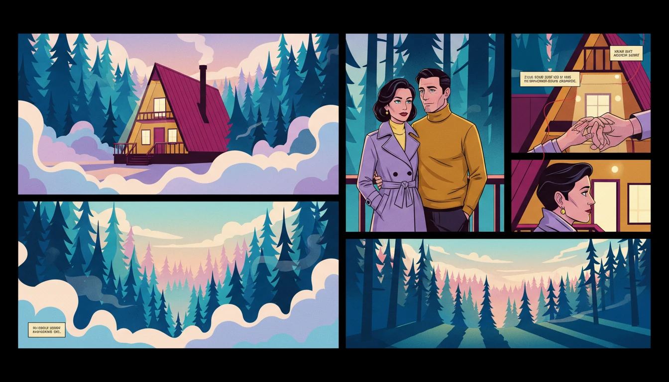 relationship-sustainability-in-isolation-bestie-ai.webp. A couple standing on a cabin porch contemplating relationship sustainability in isolation amidst a foggy forest.