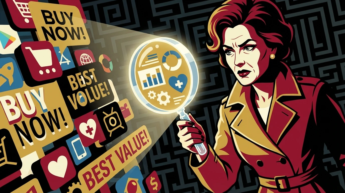 A person conducting a careful review of AI speech therapy platforms, using a magnifying glass to find clarity and evidence amidst a confusing digital landscape of apps. Filename: review-ai-speech-therapy-platforms-bestie-ai.webp