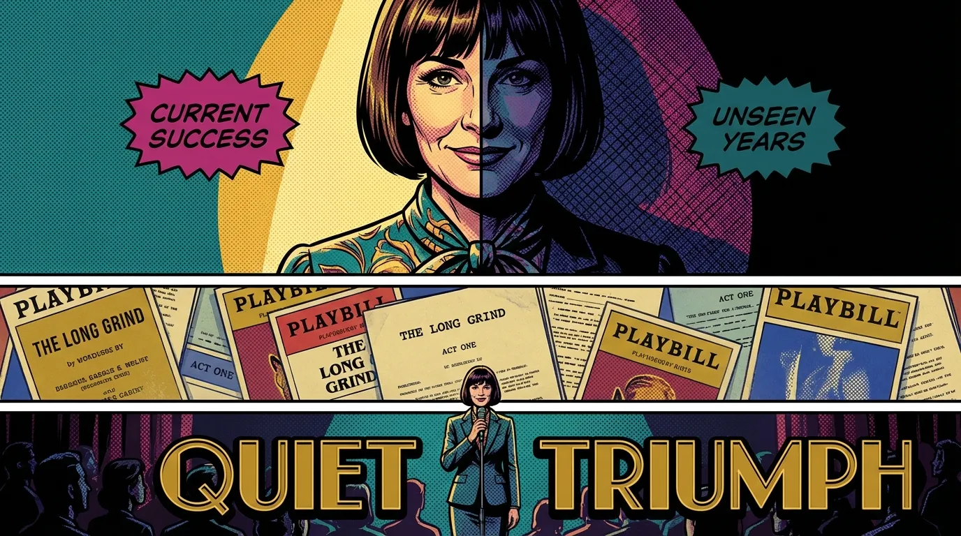 A symbolic image representing the Rhea Seehorn career path, showing a woman's face half in shadow and half in light, symbolizing her long journey to success. rhea-seehorn-career-path-bestie-ai.webp