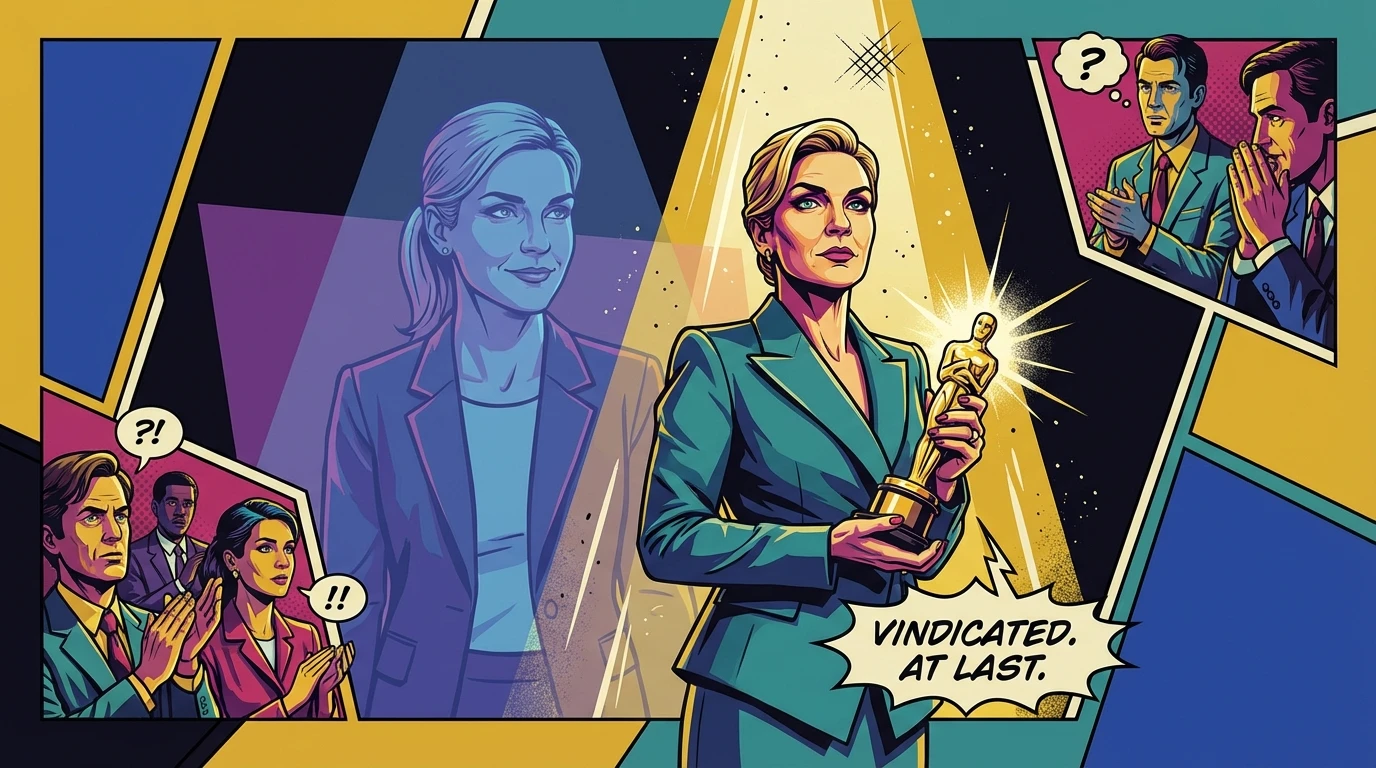 A triumphant Rhea Seehorn holds a glowing award, symbolizing her long-overdue Rhea Seehorn Golden Globe nomination after years of celebrated work. rhea-seehorn-golden-globe-nomination-bestie-ai.webp