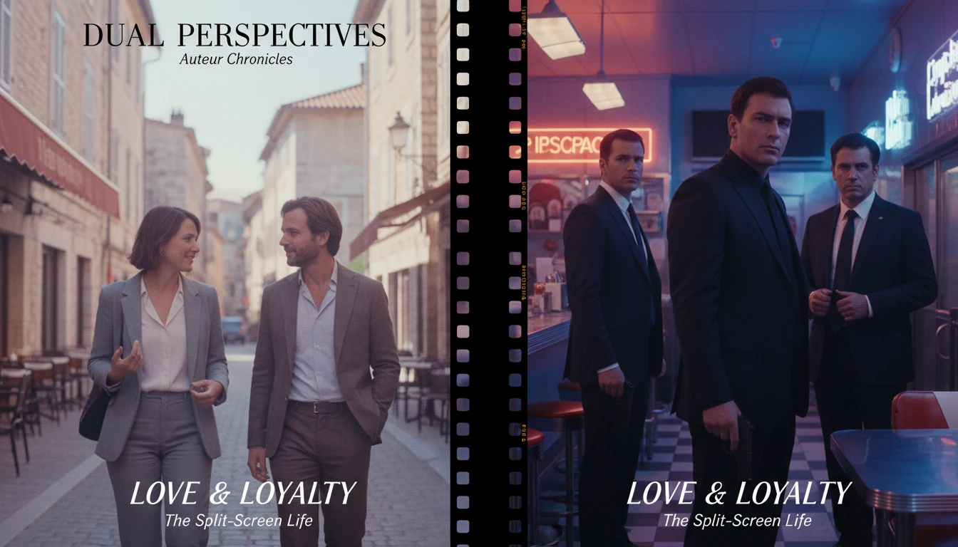 A split-image comparing the filmmaking styles of Richard Linklater and Quentin Tarantino, showing a naturalistic conversation versus a stylized, tense scene. filename: richard-linklater-vs-quentin-tarantino-filmmaking-style-bestie-ai.webp