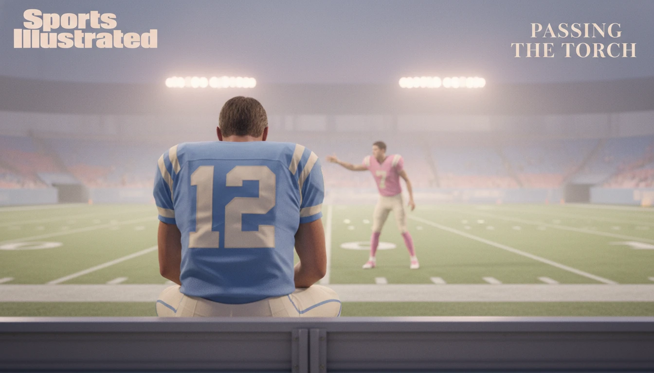 A poignant image illustrating the difficult quarterback change for the Colts, with a veteran on the sideline while rookie Riley Leonard leads the team under the stadium lights, symbolizing a passing of the torch.