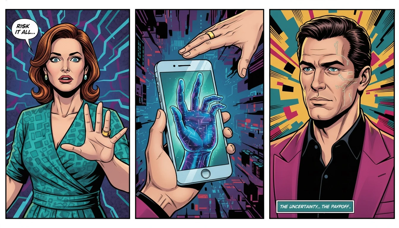 A person considers the risks of using AI for mental health, symbolized by a human hand reaching for a digital one on a phone. filename: risks-of-using-ai-for-mental-health-bestie-ai.webp