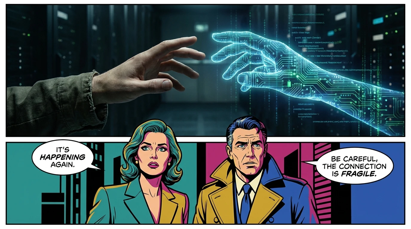 A symbolic image illustrating the risks of using ai for therapy, showing a human hand carefully approaching a digital hand made of code. filename: risks-of-using-ai-for-therapy-bestie-ai.webp