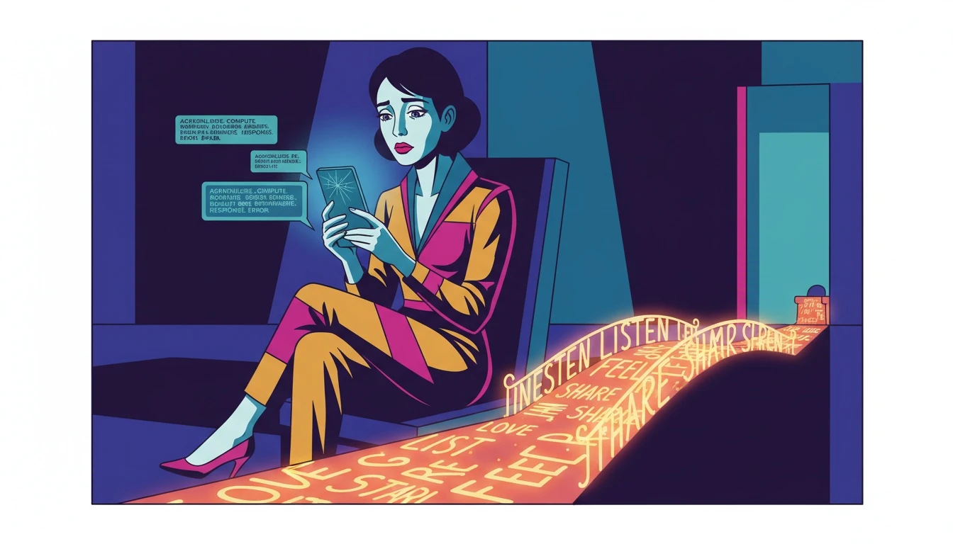 A person turning away from a cracked phone screen showing a generic rizz ai chat, instead choosing a path of authentic connection symbolized by glowing letters. filename: 'rizz-ai-alternatives-bestie-ai.webp'