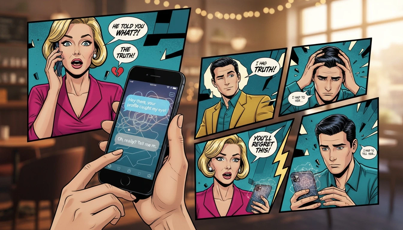 A person thoughtfully considering how to use a rizz ai tool on their phone to craft the perfect dating app conversation starter. Filename: rizz-ai-conversation-starters-bestie-ai.webp