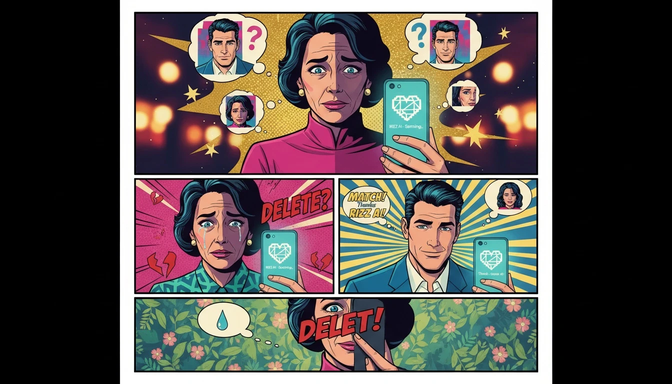 A person looks anxiously at their phone, considering the ethics of using a rizz ai for dating and the challenge of finding authentic connection online. Filename: rizz-ai-ethics-authenticity-dating-bestie-ai.webp