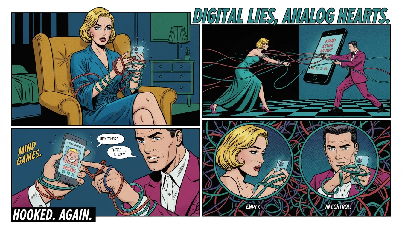 A symbolic image exploring the psychology of using a rizz ai for dating, with glowing strings from a phone controlling a person's fingers, representing the outsourcing of charm. Filename: rizz-ai-bestie-ai.webp