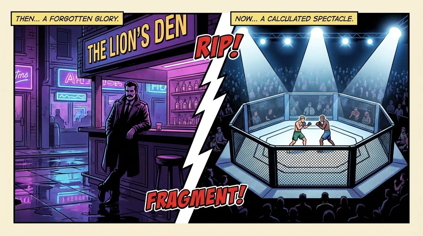 A split image representing the Road House remake vs original debate, with a classic neon bar on one side and a modern fighting ring on the other, exploring the legacy of Sam Elliott's character. Filename: road-house-remake-vs-original-sam-elliott-bestie-ai.webp