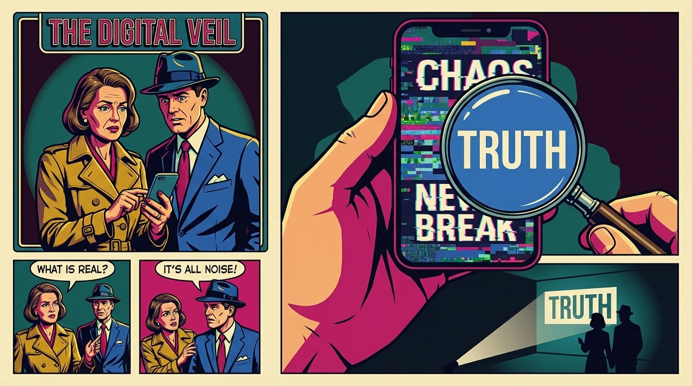 A magnifying glass revealing the truth behind the Rob Reiner death hoax displayed on a smartphone screen, symbolizing the importance of fake news verification. Filename: rob-reiner-death-hoax-explained-bestie-ai.webp