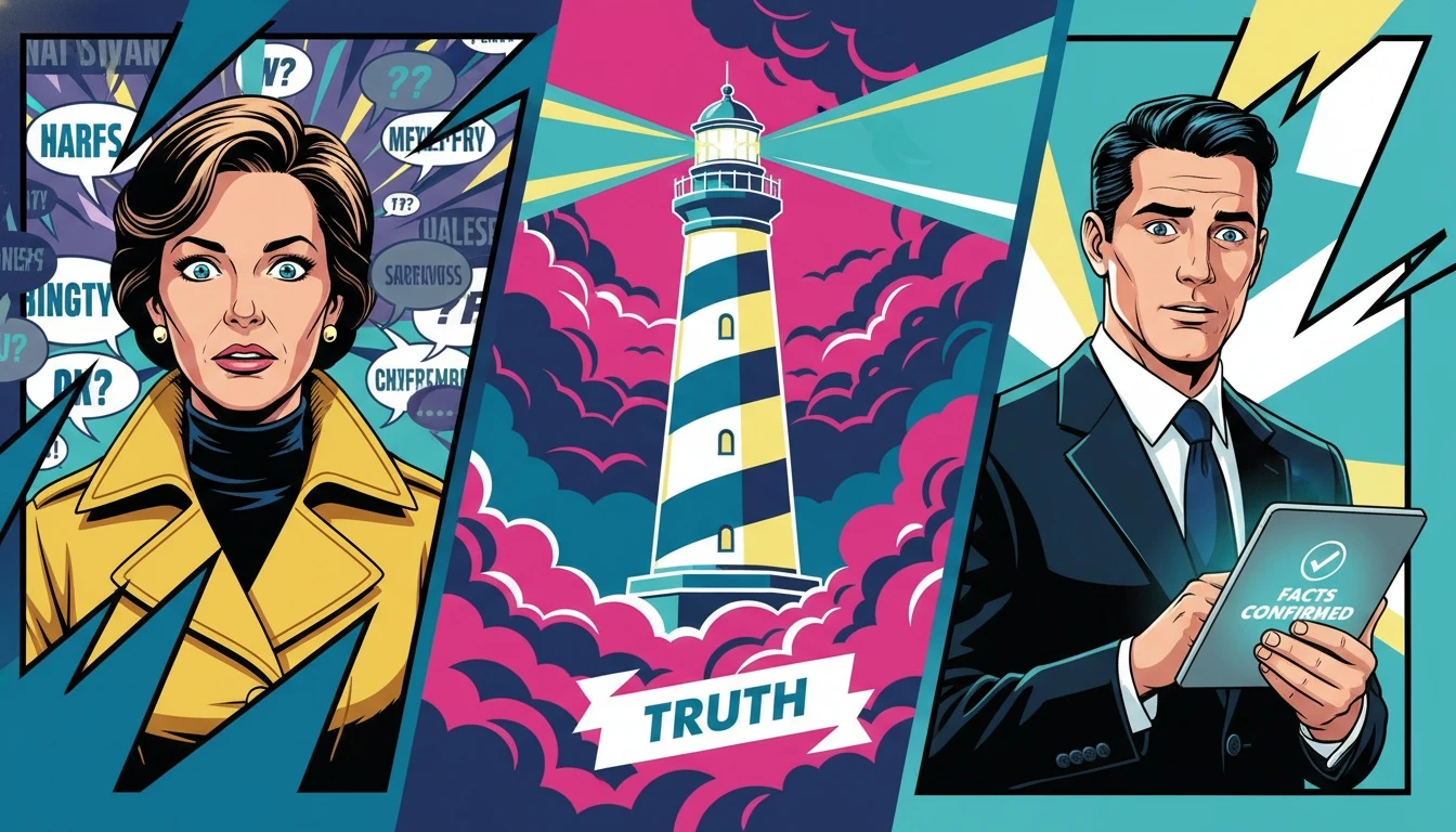 A symbolic image representing the truth about the Rob Reiner death hoax, featuring a lighthouse beam of clarity cutting through the fog of misinformation. Filename: rob-reiner-death-hoax-bestie-ai.webp