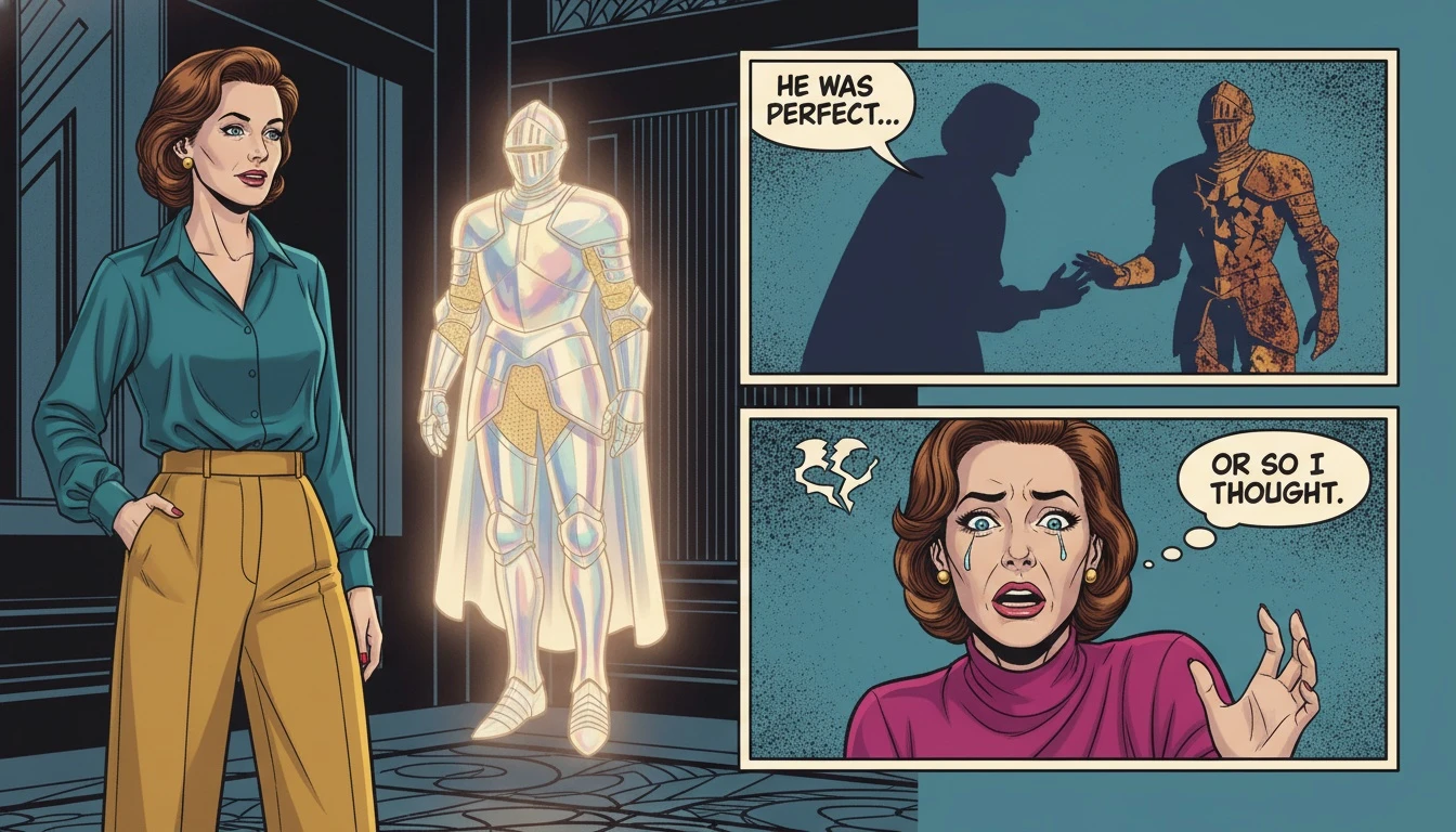 A symbolic image illustrating the dangers of romanticizing mbti types in relationships, showing a perfect fantasy figure contrasted by a flawed, real shadow. File: romanticizing-mbti-types-in-relationships-bestie-ai.webp