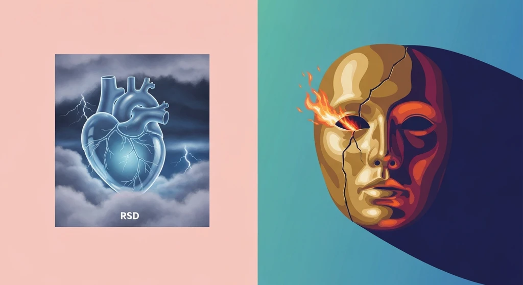 A symbolic illustration comparing rsd vs narcissistic injury showing a glowing blue heart and a cracked golden mask. rsd-vs-narcissistic-injury-bestie-ai.webp