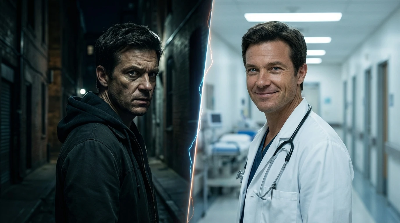 A split-screen image showcasing the range in Ryan Eggold movies and tv shows, with his dark character Tom Keen on one side and his hopeful character Dr. Max Goodwin on the other. File: ryan-eggold-movies-and-tv-shows-guide-bestie-ai.webp