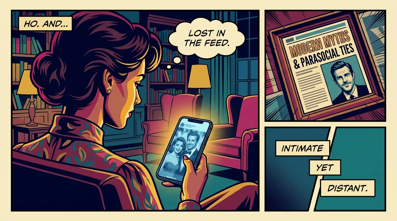 A woman reflects on the concept of a Ryan Eggold wife while looking at celebrity news on her phone, illustrating the psychology of parasocial relationships. Filename: ryan-eggold-wife-psychology-bestie-ai.webp