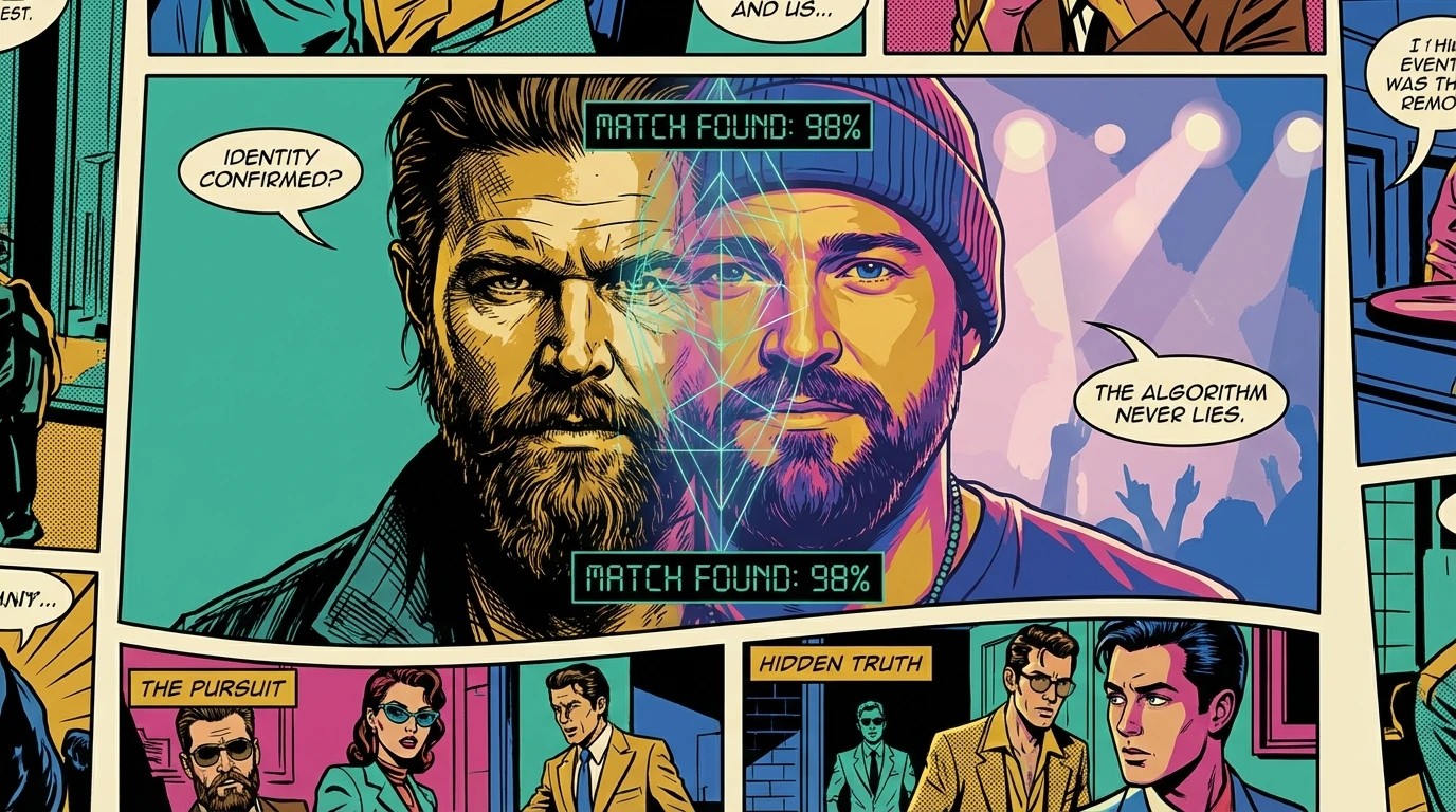 An artistic split-image showing a Ryan Hurst celebrity lookalike, illustrating the concept of celebrity doppelgangers and facial recognition. ryan-hurst-celebrity-lookalike-bestie-ai.webp