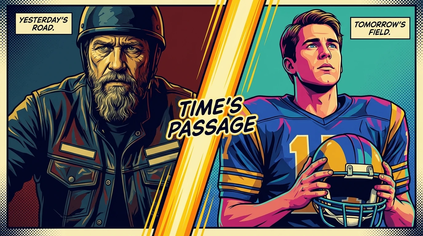 A split image showing the career transformation of actor Ryan Hurst, from his clean-cut role in Remember the Titans to his iconic biker role in Sons of Anarchy. Filename: ryan-hurst-early-movies-tv-shows-bestie-ai.webp