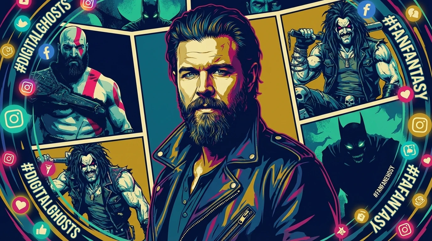 A cinematic collage exploring Ryan Hurst fan casting ideas, featuring his portrait surrounded by artistic interpretations of Kratos, Lobo, and a Batman villain. Filename: ryan-hurst-fan-casting-ideas-bestie-ai.webp