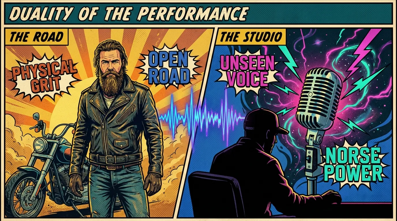 A symbolic image representing the duality of Ryan Hurst voice actor roles, showing his physical presence as a biker on one side and his voice creating a god of thunder in a studio on the other. filename: ryan-hurst-voice-actor-roles-bestie-ai.webp