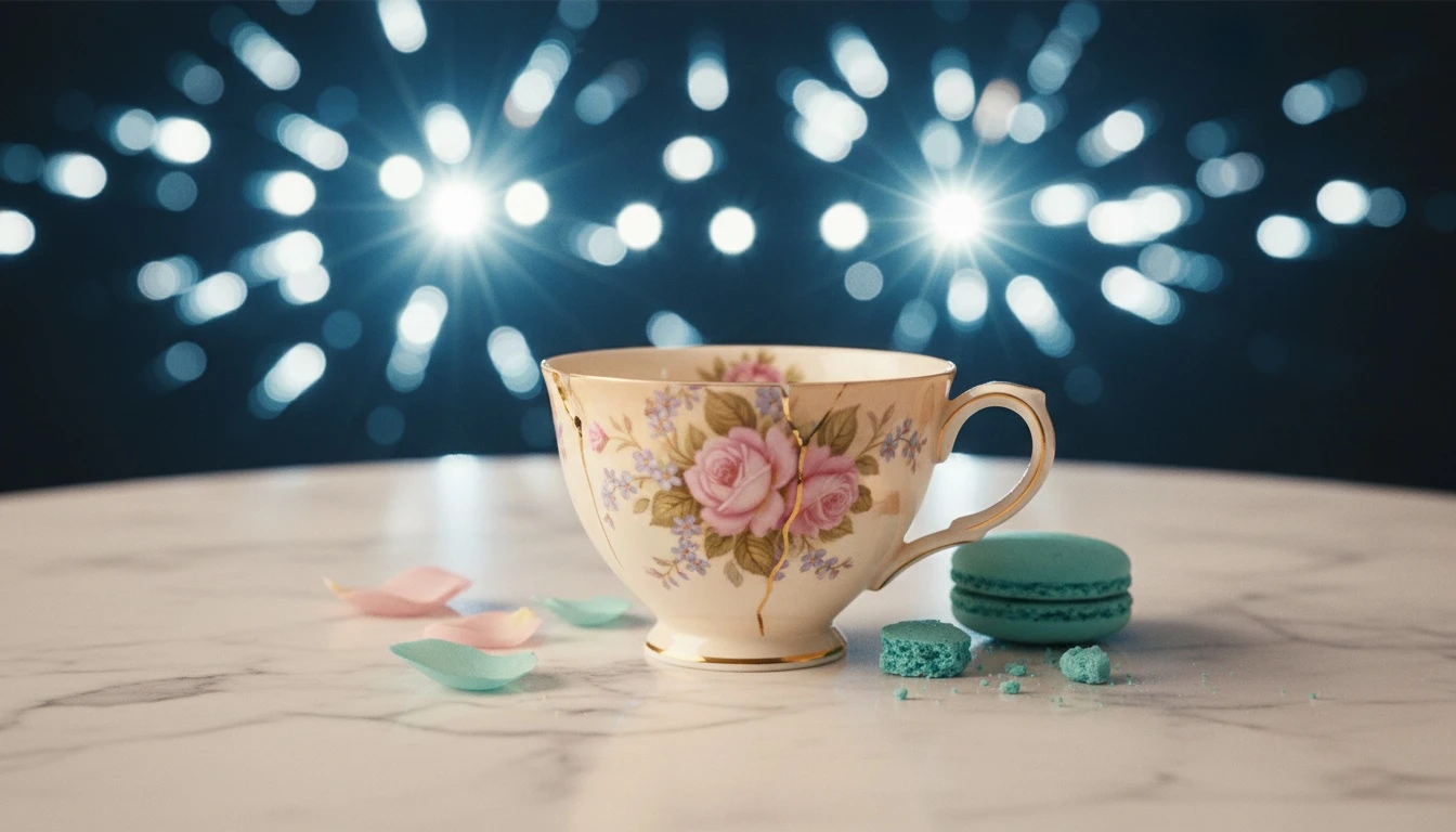 A broken teacup symbolizing the fragility of a public romance, illustrating the sabrina carpenter and barry keoghan breakup reasons under the glare of celebrity life. Filename: sabrina-carpenter-barry-keoghan-breakup-reasons-bestie-ai.webp