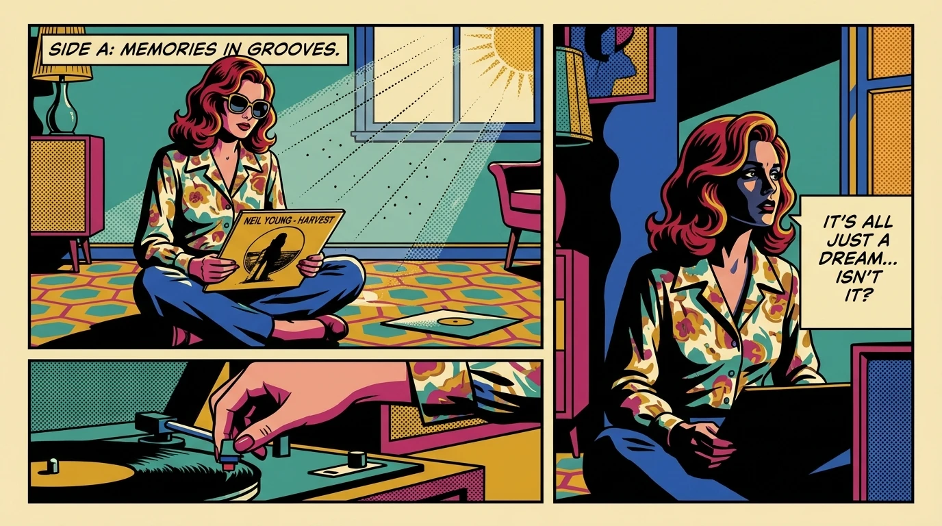 A thoughtful woman reflects on the meaning behind the Sadie Sink favorite music album, surrounded by vinyl records in a sunlit room. filename: sadie-sink-favorite-music-album-bestie-ai.webp