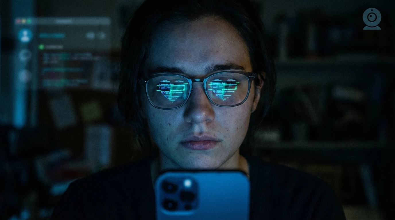 A person in a dark room considers the safety of AI companion apps as their face is lit by a phone, symbolizing the dangers of AI relationships and data privacy risks. safety-of-ai-companion-apps-bestie-ai.webp