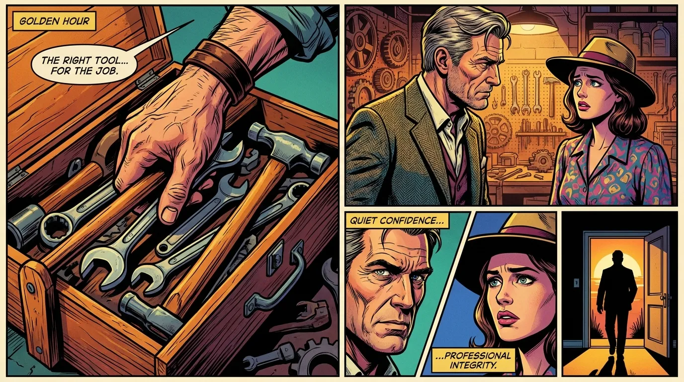 A craftsman's weathered hand choosing a tool, symbolizing the importance of selective choices for good career longevity advice, inspired by Sam Elliott's philosophy. Filename: career-longevity-advice-bestie-ai.webp