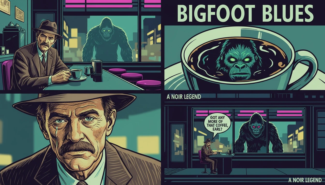 A moody, cinematic image representing Sam Elliott cult classic movies, showing the actor in a diner with the faint reflection of Bigfoot in the window. File: sam-elliott-cult-classic-movies-bestie-ai.webp