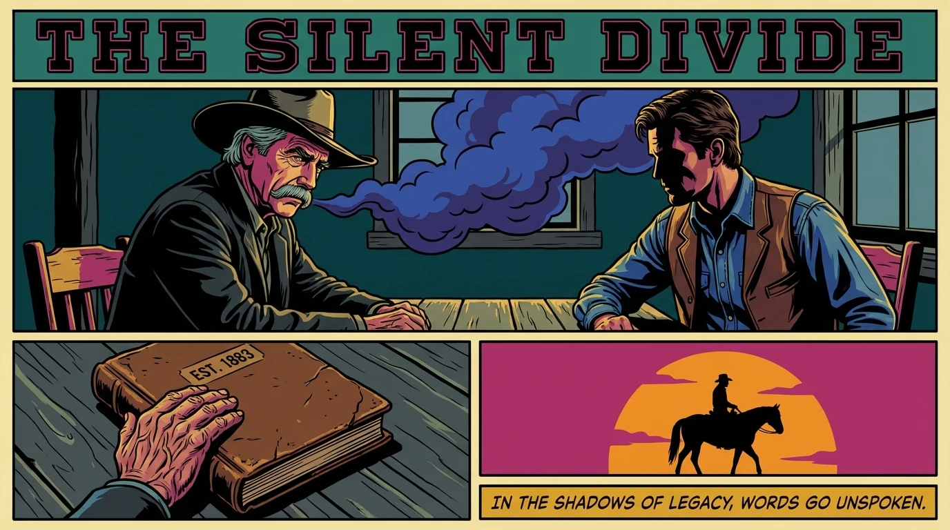 A powerful image depicting a complicated father-son dynamic, inspired by the Sam Elliott Landman character analysis. It shows the emotional distance that can exist within families. filename: sam-elliott-landman-character-analysis-bestie-ai.webp