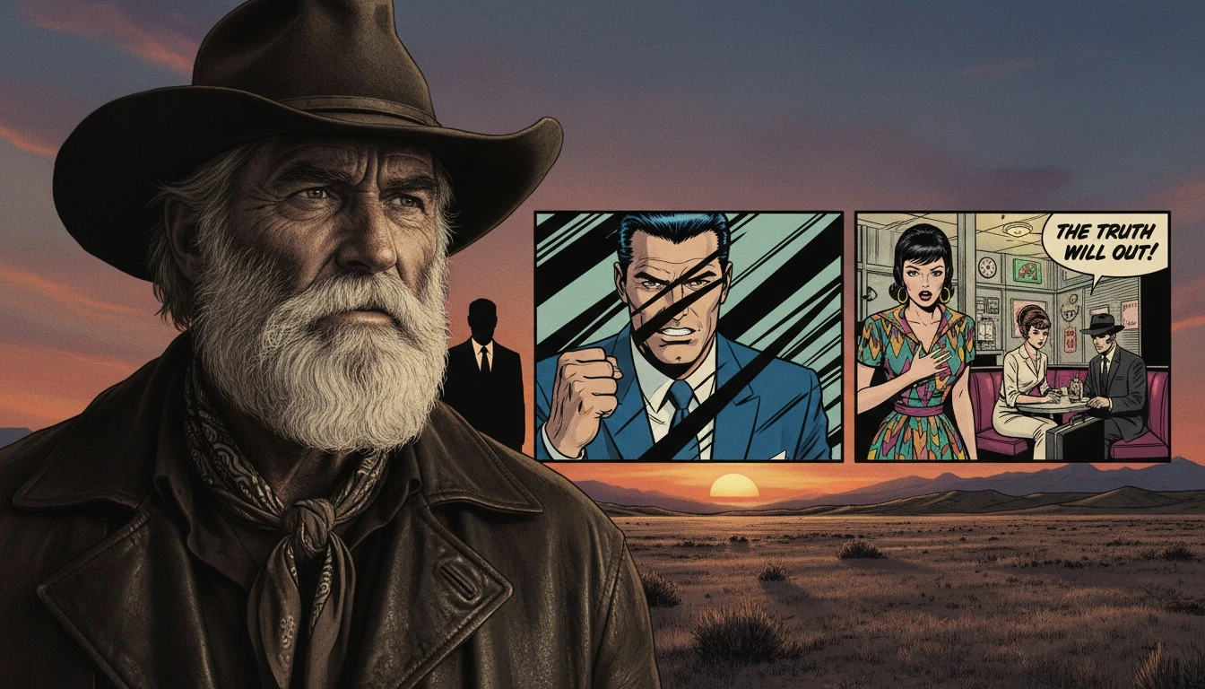 a-guide-to-sam-elliott-tv-shows.webp: A cinematic portrait illustrating a Sam Elliott TV shows guide, showing a stoic cowboy figure with a prominent mustache against a prairie sunset, embodying his iconic western roles.