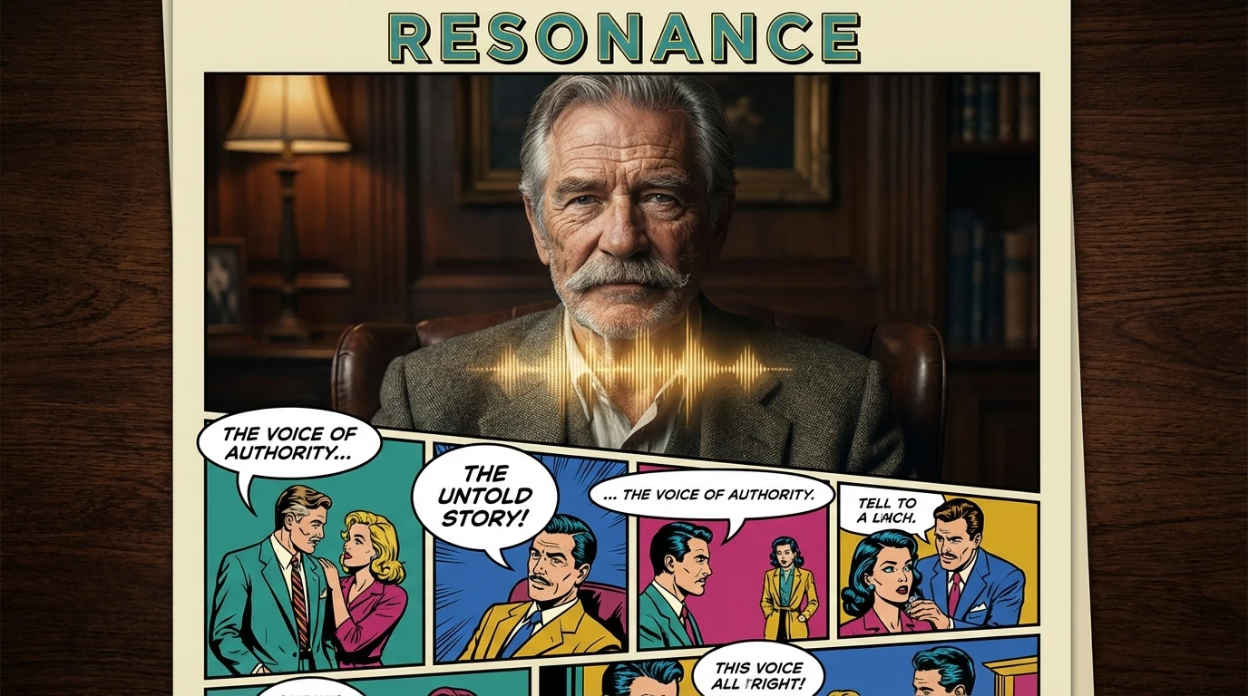 A symbolic image showing the psychological power of the Sam Elliott voice, represented by a golden soundwave emanating from a wise-looking man. Filename: sam-elliott-voice-psychology-bestie-ai.webp