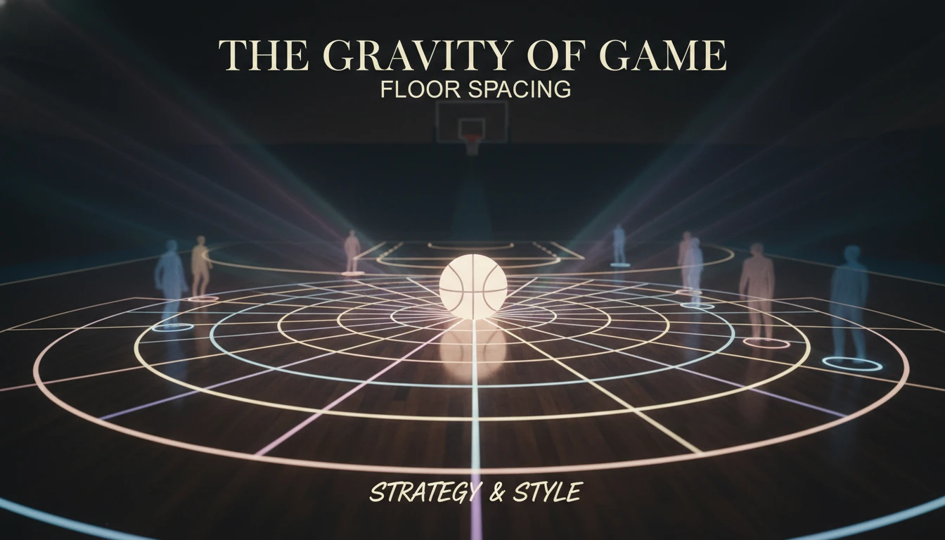 An abstract representation of Sam Merrill's impact on the Cavaliers offense, showing a basketball's 'gravity' creating space on the court. sam-merrill-impact-cavaliers-offense-bestie-ai.webp