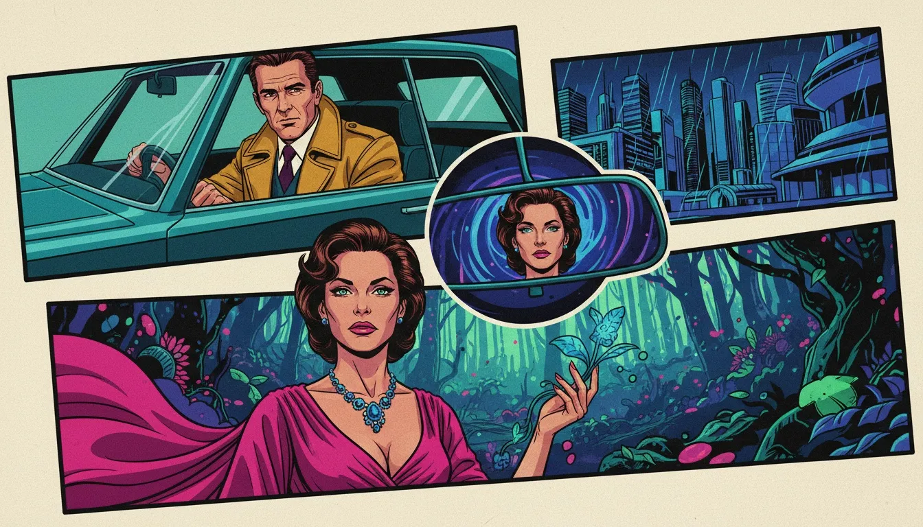 An illustration depicting the contrast in the Sam Worthington story, showing his old car with a reflection of Avatar's Pandora, symbolizing his journey from struggling actor to star. File: sam-worthington-before-avatar-story-bestie-ai.webp