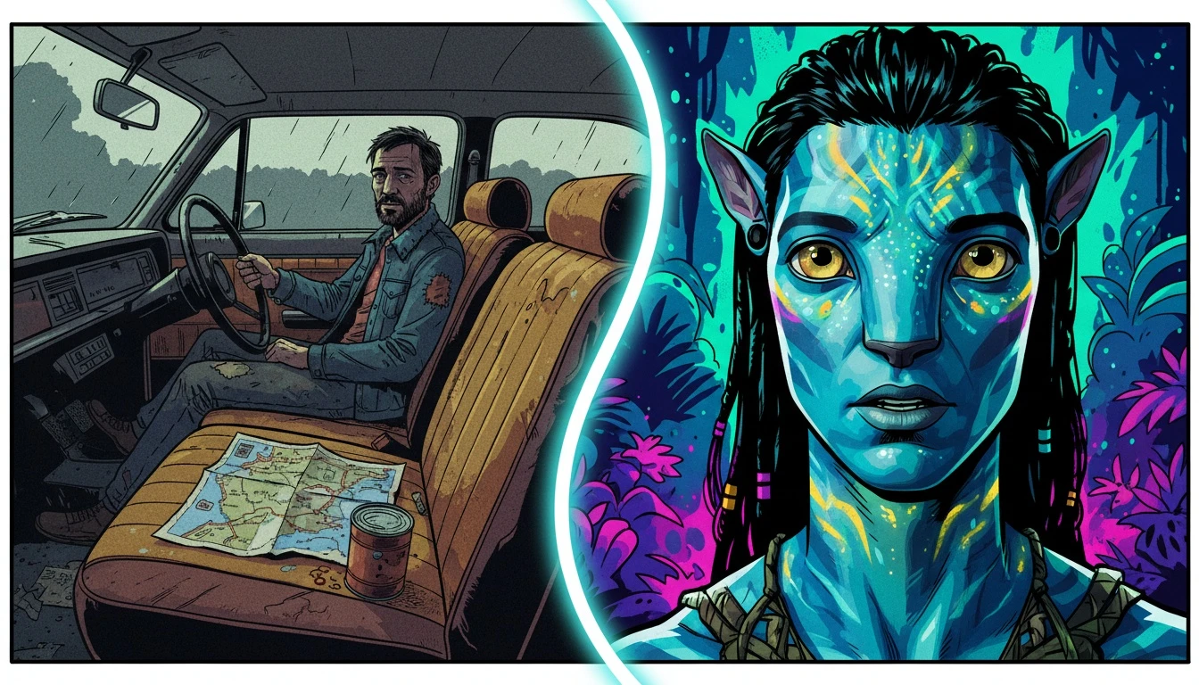 A symbolic image representing the Sam Worthington net worth journey, contrasting his past struggles living in a car with his iconic role as Jake Sully in Avatar. filename: sam-worthington-net-worth-bestie-ai.webp