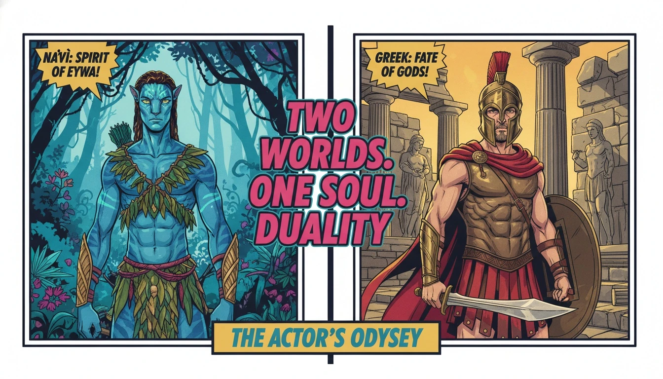 A split image showing two of Sam Worthington's roles compared: the blue Na'vi Jake Sully on the left and the Greek hero Perseus on the right, illustrating his actor versatility. sam-worthington-roles-compared-bestie-ai.webp