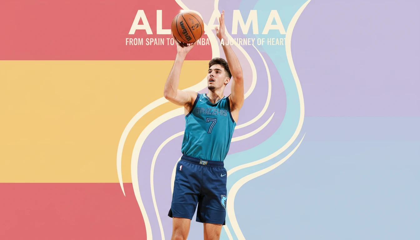 santi-aldama-bestie-ai.webp: An image capturing the journey of Santi Aldama, showing the Memphis Grizzlies player focused on his shot, symbolizing his growth from Spain to the NBA.