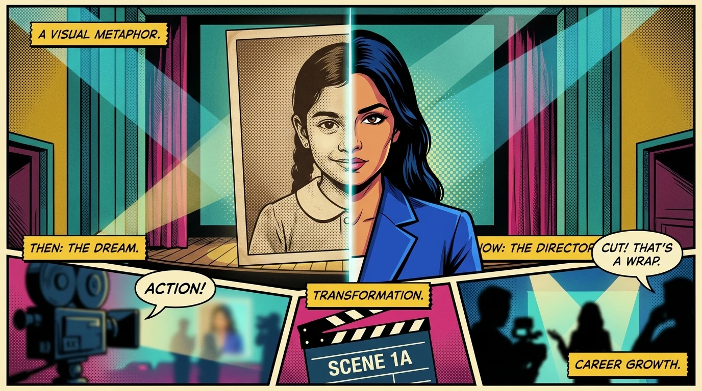 A visual representation of the Sara Arjun career path analysis, showing her transformation from a child artist to a determined leading actress on a film set. sara-arjun-career-path-analysis-bestie-ai.webp