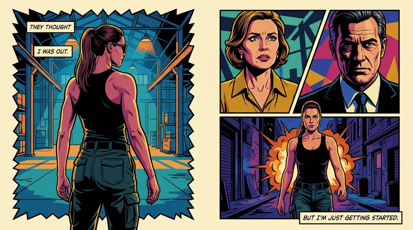 A woman embodying the strength of Linda Hamilton's character, providing a visual for a Sarah Connor cosplay guide, featuring the iconic black tank top and determined stance. Filename: sarah-connor-cosplay-guide-bestie-ai.webp