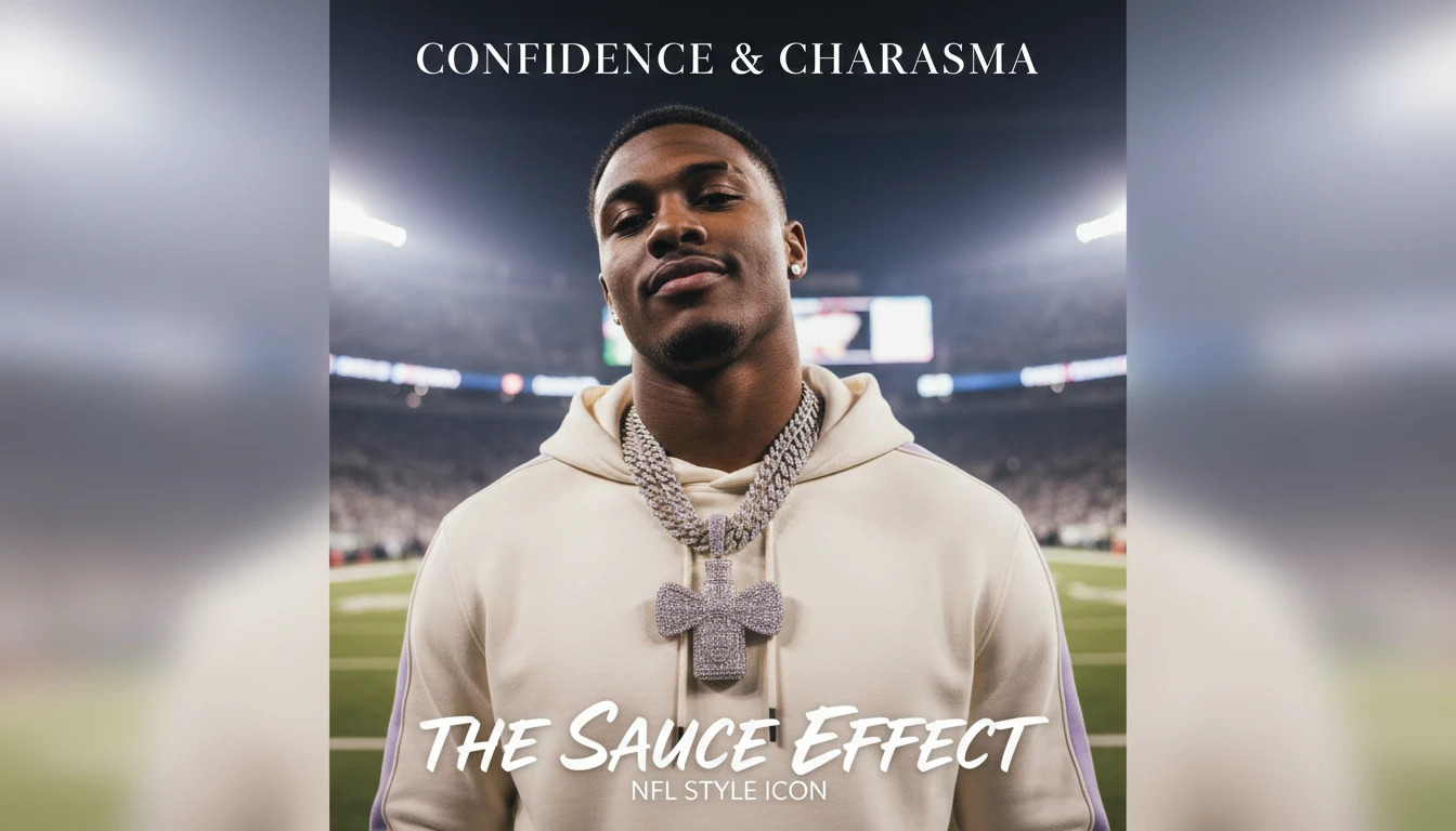 An image symbolizing the Sauce Gardner nickname origin, showing a confident football player with a diamond sauce bottle chain representing his cool persona and personal brand. filename: sauce-gardner-nickname-origin-bestie-ai.webp