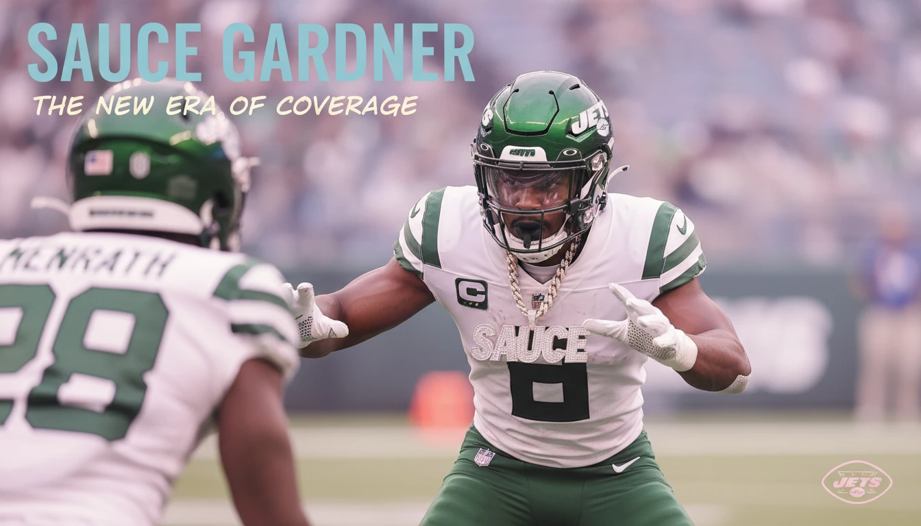 A focused image of New York Jets star Sauce Gardner in his uniform, showcasing the on-field dominance that defines his player profile. filename: sauce-gardner-player-profile-bestie-ai.webp