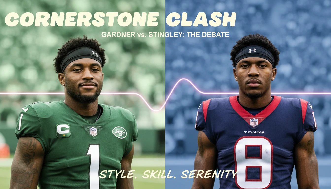 A dramatic split-screen image exploring the Sauce Gardner vs Derek Stingley Jr. debate, showing both cornerbacks ready for action, representing the pinnacle of the 2022 NFL draft class. File name: sauce-gardner-vs-derek-stingley-jr-bestie-ai.webp