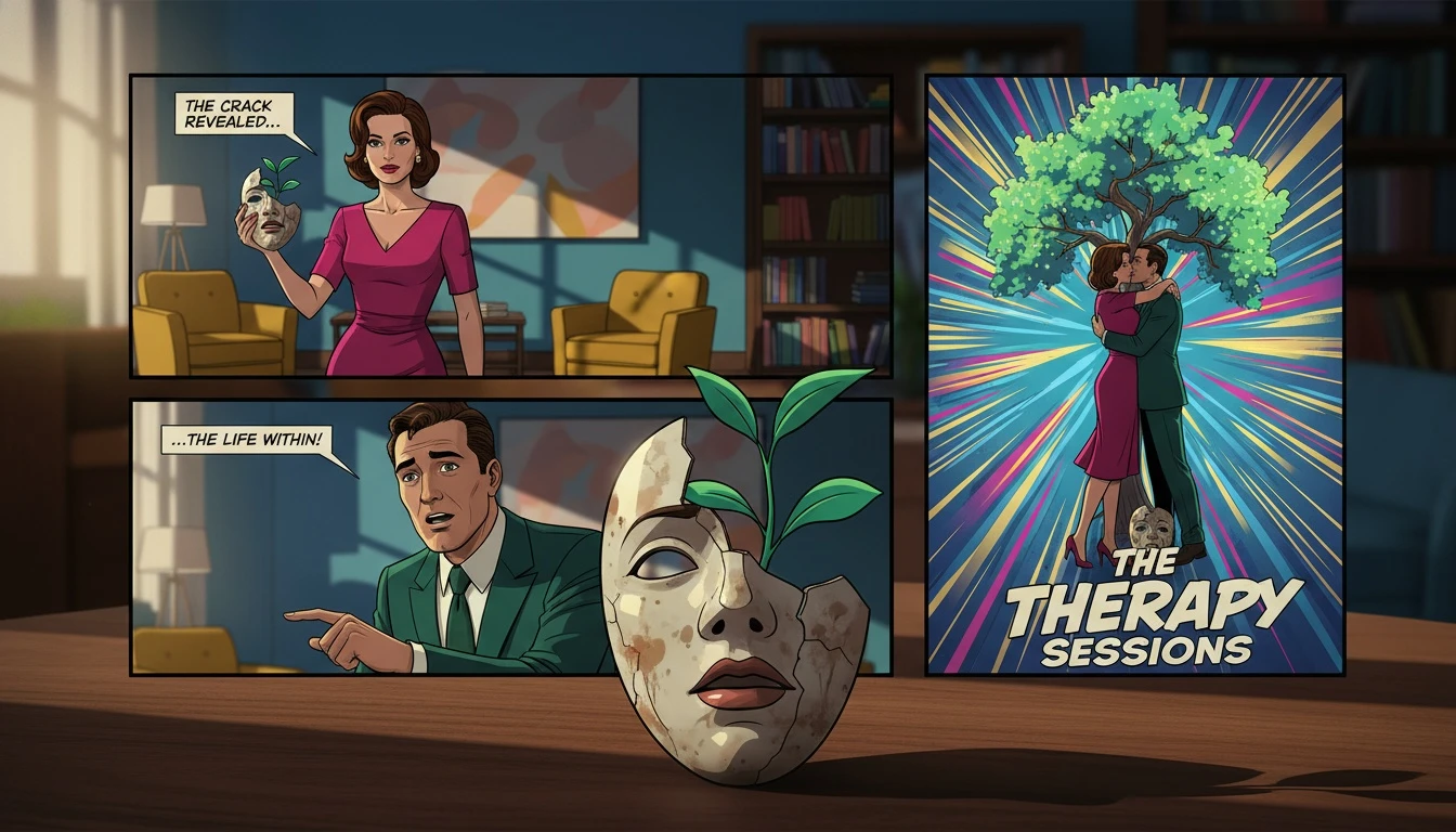 A cracked mask with a plant growing through it, symbolizing the hope and reality behind the stigma of schizophrenia and violence risk factors. Filename: schizophrenia-and-violence-risk-factors-bestie-ai.webp