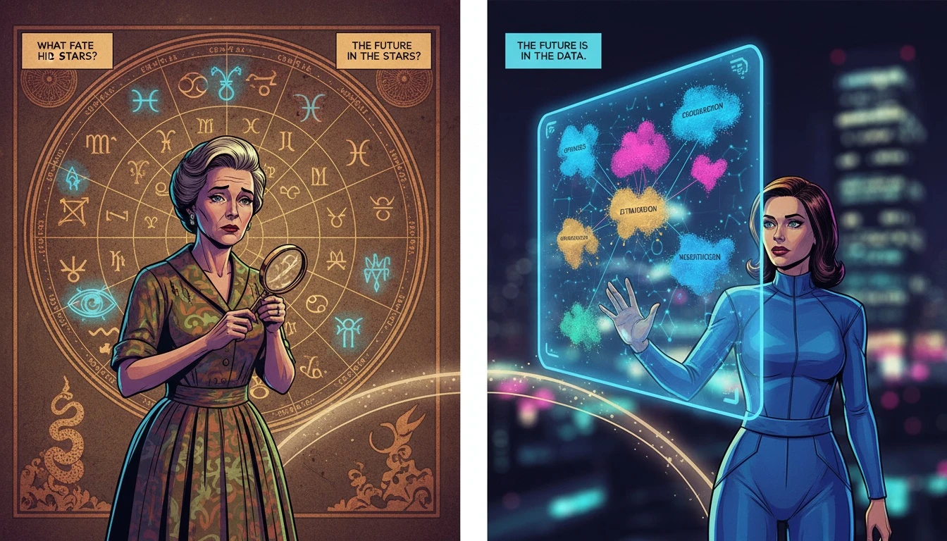 A conceptual image showing the scientific alternatives to mbti, contrasting an old mystical chart with a modern data visualization of personality. Filename: scientific-alternatives-to-mbti-bestie-ai.webp