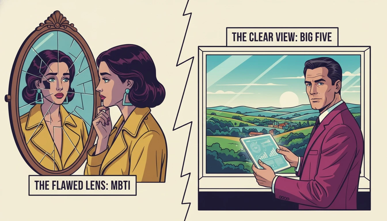 A person contemplating the scientific validity of MBTI, symbolized by a cracked mirror versus a clear window representing better personality models. Filename: scientific-validity-of-mbti-bestie-ai.webp