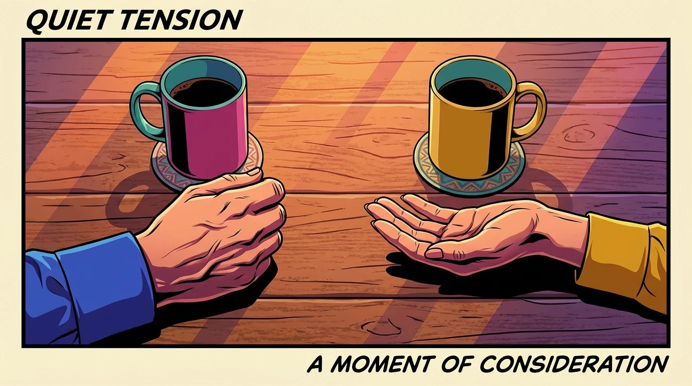 Two people's hands near coffee mugs on a table, illustrating the emotional space before using scripts for difficult conversations with partner. scripts-for-difficult-conversations-with-partner-bestie-ai.webp