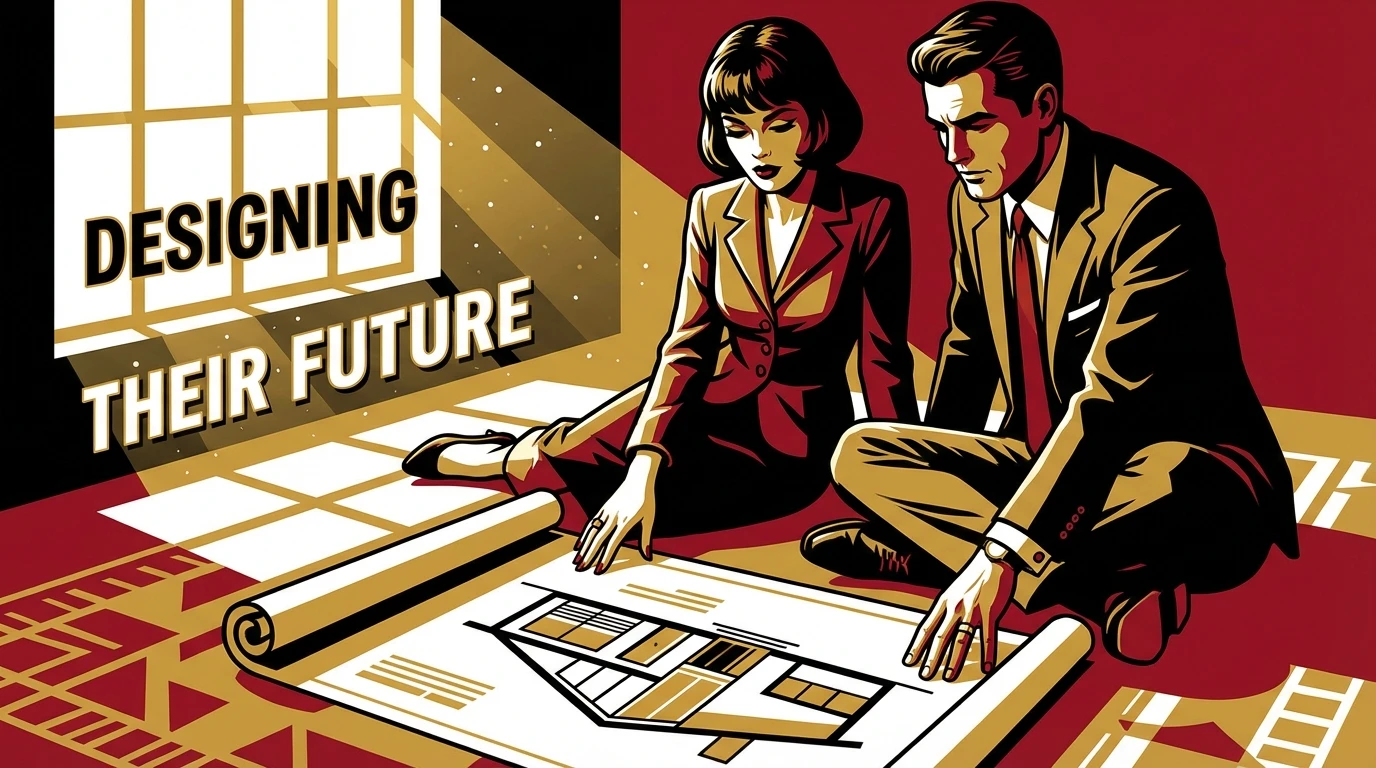 A couple collaboratively planning their future by reviewing secular premarital counseling topics laid out like a blueprint for their life together. Filename: secular-premarital-counseling-topics-bestie-ai.webp