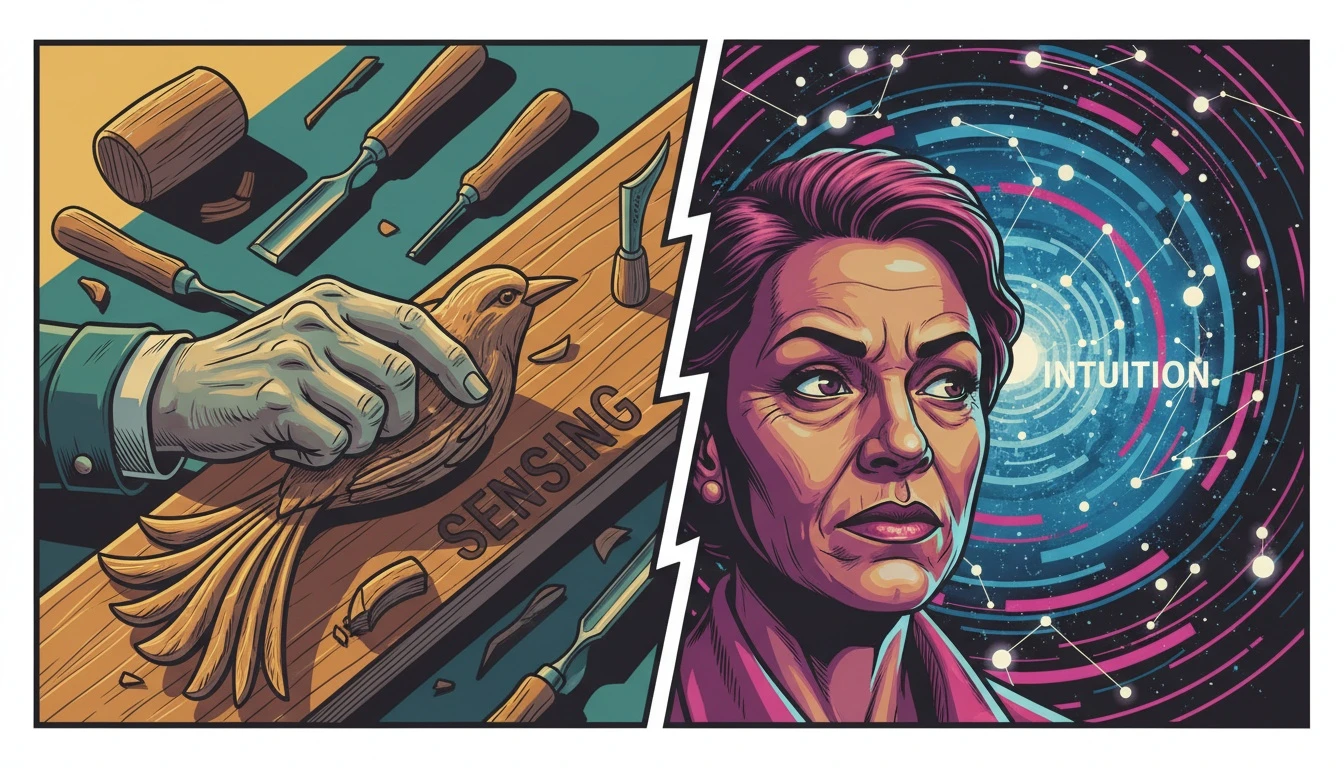 A visual representation of sensing personality type fictional characters' traits shown by a craftsman's detailed work, contrasted with the abstract patterns of an intuitive mind. Filename: sensing-personality-type-fictional-characters-bestie-ai.webp