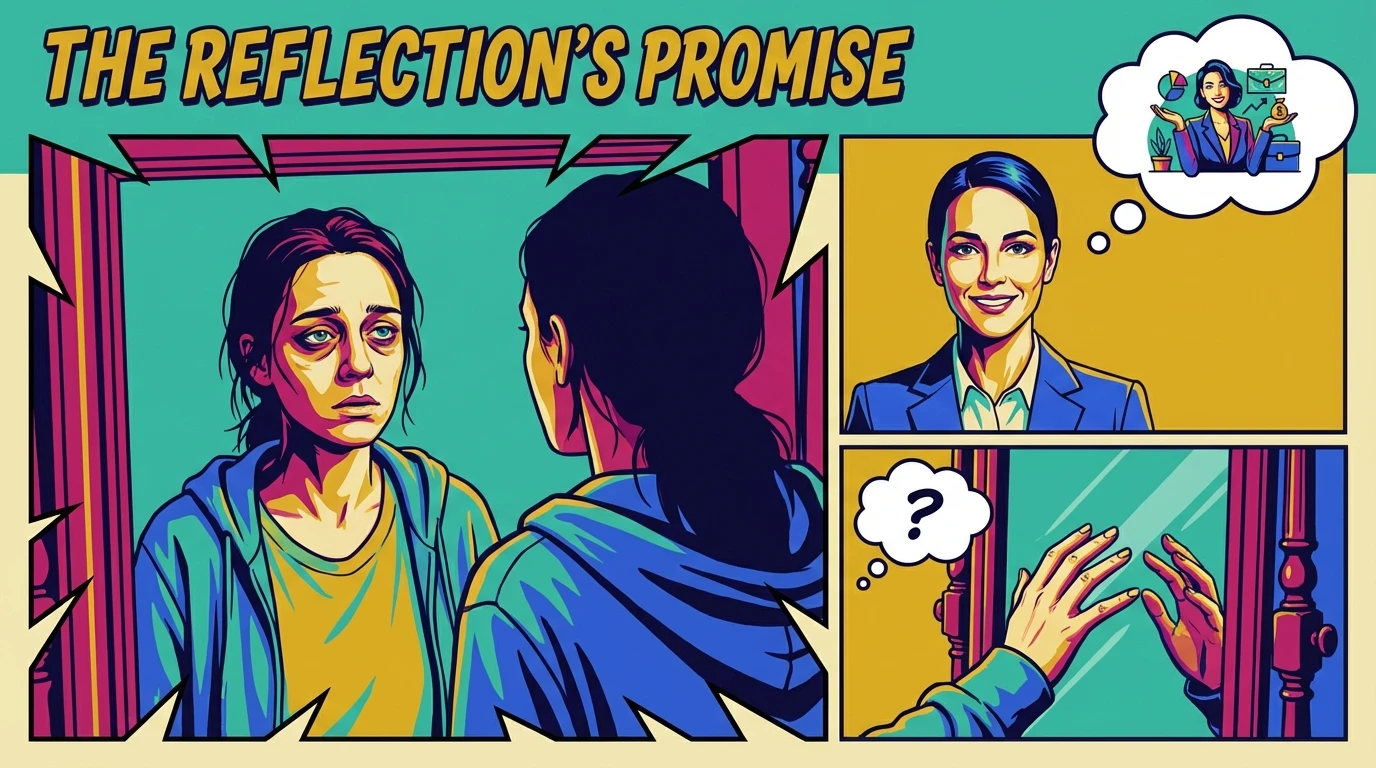 A person looks at their professional reflection in a mirror, illustrating the challenge of separating persona from true self. filename: separating-persona-from-true-self-bestie-ai.webp