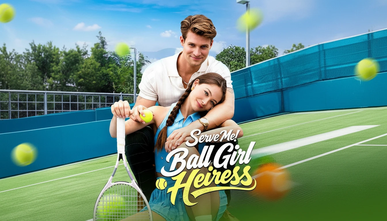 A young woman, Ingrid Voss from Serve Me! Ball Girl Heiress, in a sporty uniform on a tennis court, looking determined, with a handsome man, Jordan Temple, in the background.